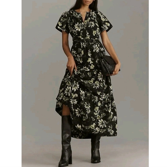 Anthropologie Dresses & Skirts - Anthropologie Floral Black and Green Maxi Dress